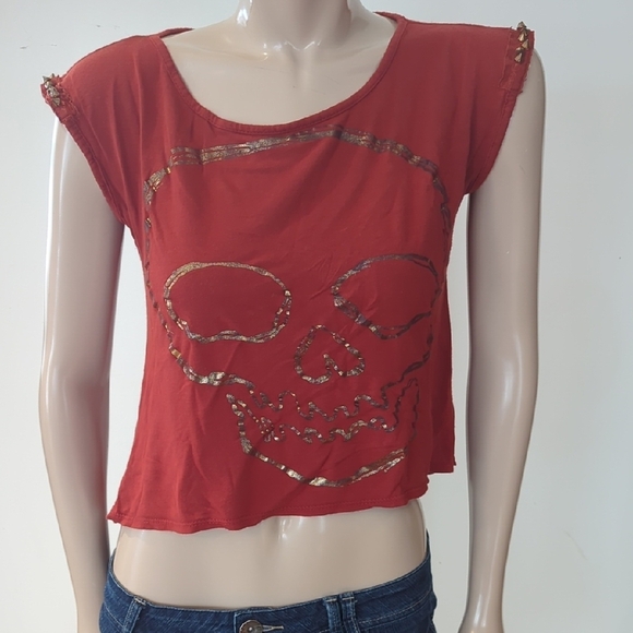 Topia Orange and Gold Crop Graphic T-Shirt - Picture 1 of 10